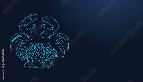 Illuminated line art of a crab perched upon abstract glowing coral structures