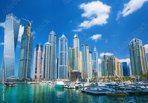 Aerial View of Dubai Marina Skyline, Luxury Waterfront Hotels and Residential Towers, UAE