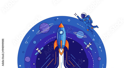 Cartoon astronaut floating in space with rocket ship blasting off