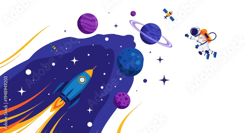 Astronaut floating in space with rocket ship planets and stars
