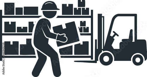 Warehouse worker carrying box silhouette with forklift and shelves