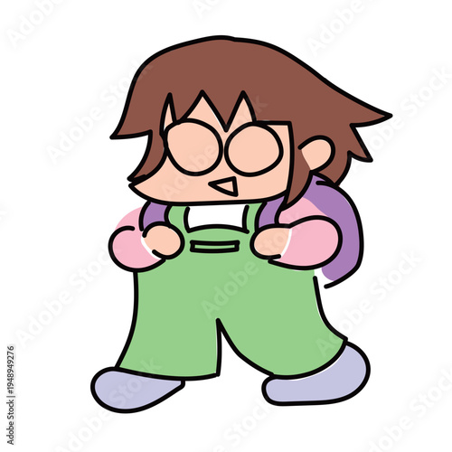 ランドセルを背負ってまったり登校するめがねの小学生
