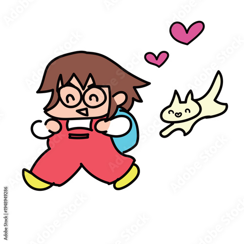 ランドセルを背負って元気に登校する小学生とねこ