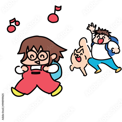 ランドセルを背負って元気に登校する小学生とお友達