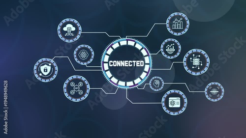 Fully connected digital ecosystem concept with smart technology icons and high speed data network.