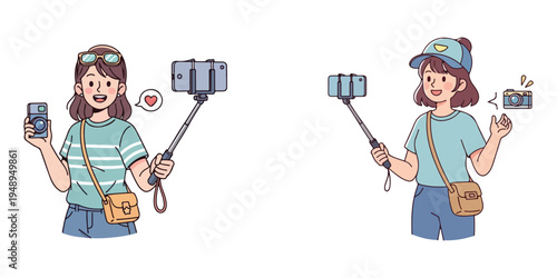 Young women taking selfies with cameras and selfie sticks, enjoying travel