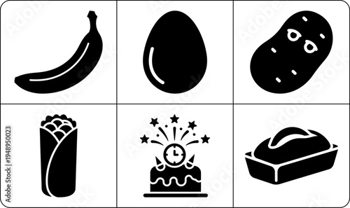 A set of six food icons in silhouette, featuring a banana, egg, potato, burrito, cake with a clock and stars, and a bread loaf, all on a white background.