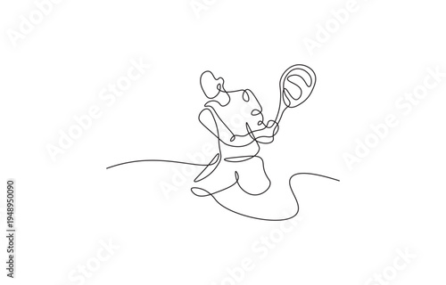 A continuous line drawing depicts a tennis player mid-swing, preparing to hit a ball.