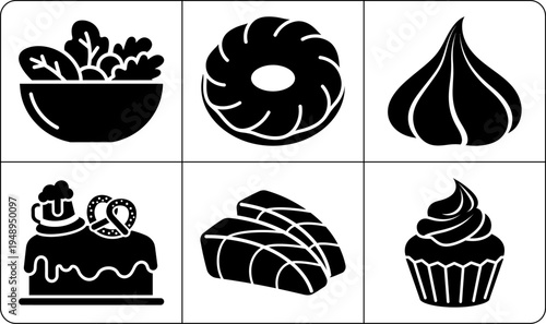 A collection of six black and white icons depicting different food items, including a bowl of salad, donut, chocolate, cake, bread, and cupcake, shown in silhouette against a white background.