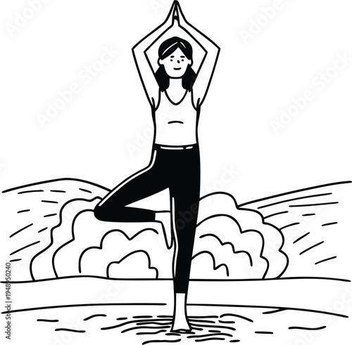 Woman in Tree Pose Yoga Outdoors Stylized Line Art Nature Landscape Background
