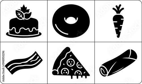 A set of six food icons in silhouette mode, including a cake, donut, carrot, bacon, pizza, and sushi, against a white background.