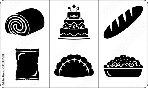 A collection of six food icons in silhouette, featuring a roll, cake, bread, chip, bun, and bowl of food, against a white background.