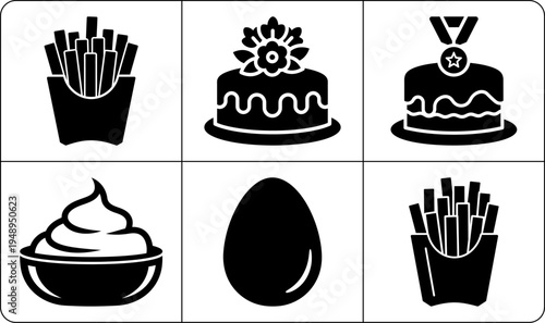 A set of six food icons in black and white, featuring various food items including fries, cakes, egg, and whipped cream, in silhouette mode.