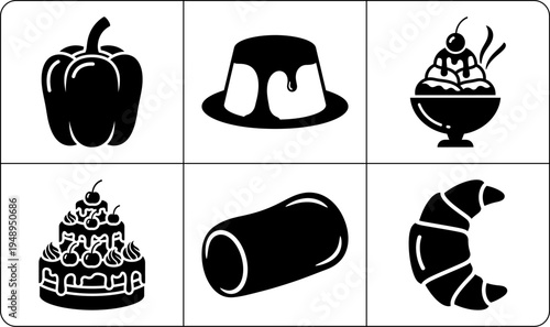 A stylized illustration of various food items, including a pepper, hat, ice cream, cake, roll, and croissant, in black and white silhouette.