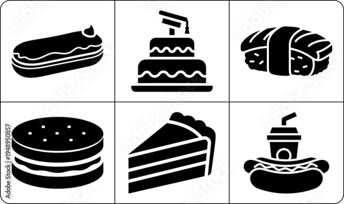 A set of six black and white icons featuring various types of desserts and baked goods in silhouette, including a hot dog, cake, croissant, hamburger, slice of cake, and coffee with a pastry.