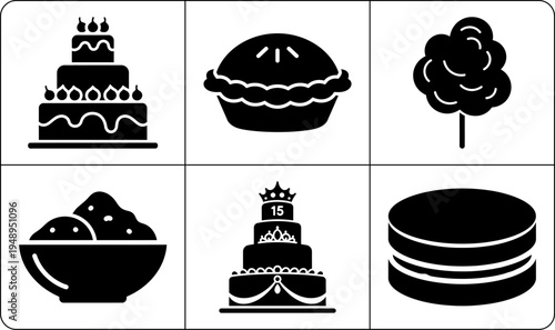 A collection of six black and white icons depicting various sweet treats, including cakes, muffins, and cotton candy, in silhouette mode.