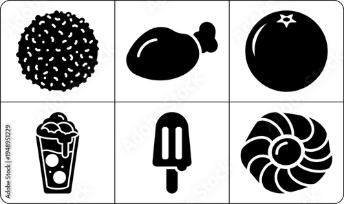 A collection of six black and white food icons in silhouette, featuring a variety of treats and drinks, including a nautilus shell, candy, popsicle, soda, coffee, and donut.