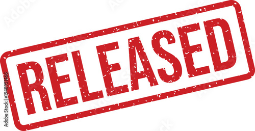 A vibrant red rectangular rubber stamp displaying the bold word RELEASED on a pristine white surface