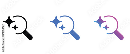 Magnifying glass icons with ai sparkles starburst in black, blue and purple gradient color vector.
