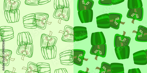 green bell pepper seamless pattern. green bell paprika seamless pattern. seamless pattern featuring whole and sliced bell pepper in two combined style design. bell pepper flat illustration
