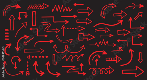 Collection of various red hand drawn arrows on for design and navigation purposes
