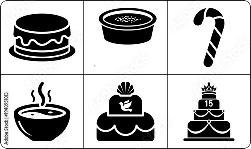 A set of six black and white icons featuring various sweet treats and desserts in silhouette, including a hamburger, bowl of soup, candy cane, and cakes, against a clean white background.