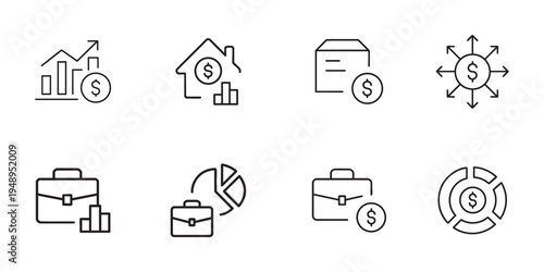 Set of business and finance icons including money and statistics symbols