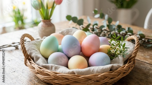 Wallpaper Mural Colorful Pastel Easter Eggs in a Woven Basket on a Wooden Table Torontodigital.ca