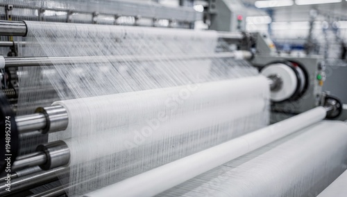 Closeup medium shot showcasing fine polyester staple fibers being spun on automated lines highlighting delicate strands and precision manufacturing.