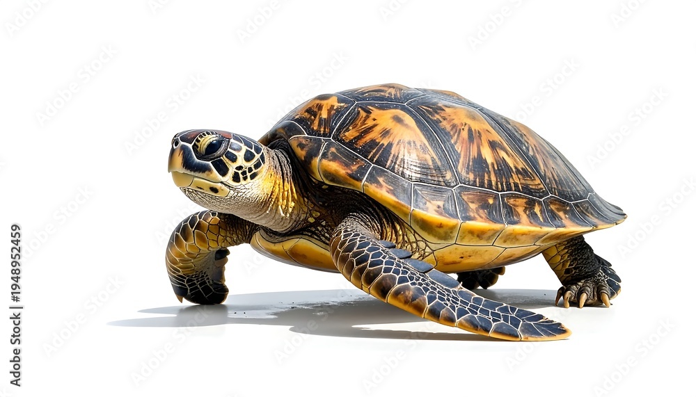 Obraz premium A close-up side view of a sea turtle on a white background, showcasing its textured shell and head, with a shadow