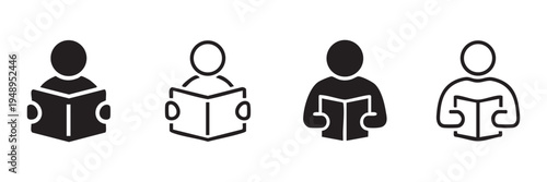 Set of four icons avatar people holding book reading concept  in silhouette and lineout style vector