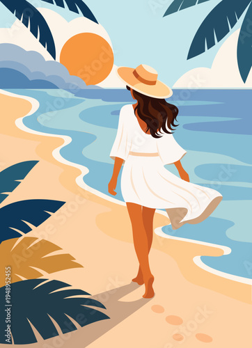 Summer vacation. Woman on vacation in tunic, beach dress, hat walks the beach. Rear view. Sea, sky, shore, palm trees. Vector illustration for travel brochures, hotels, vacations, tourism advertising