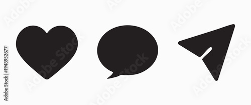 Black heart, speech bubble, and share icons on isolated for chat or social media