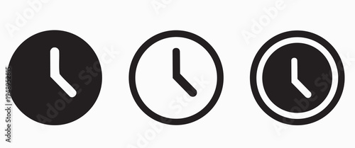 Three different clock icons for timer and alarm in black and white on a pure