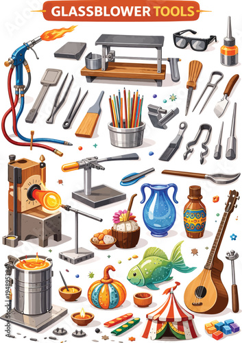 Glassblower Tools and Finished Glass Art Vector Illustration Set with Crafting Equipment, Colorful Objects, and Workshop Supplies