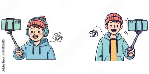 Young Person Capturing Moments with Selfie Stick and Camera