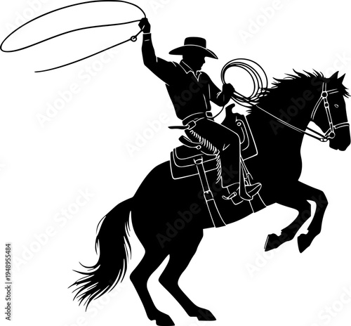 Dynamic Cowboy Galloping on Horse Silhouette - Wild West Rodeo Rider Vector Icon with Lasso