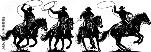 Dynamic Cowboy Galloping on Horse Silhouette - Wild West Rodeo Rider Vector Icon with Lasso