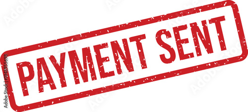 Red payment sent rubber stamp impression on a clean white background confirming a dispatched transaction