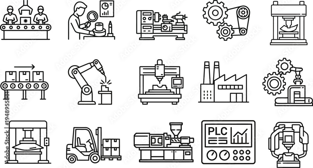 Fototapeta premium Line icon set robotic arms assembly lines forklift and factory machinery.