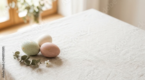 Easter eggs on a table with natural elements in soft lighting