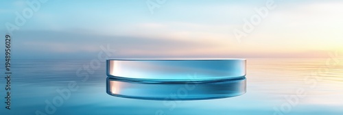A sleek, modern glass podium with a clear, round design on a smooth reflective surface