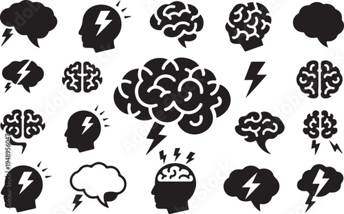 Collection of creative brain and lightning bolt icons representing ideas and inspiration