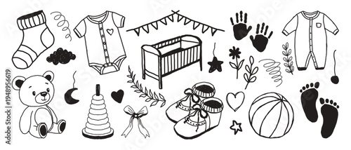 newborn baby Hand drawn black pen doodle set. with Baby pajamas, socks, Baby onesie and Stacking rings toy. best for t-shirt or baby 1st birthday invitation design.