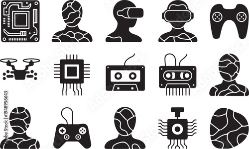 Collection of futuristic technology and gaming icons with digital network patterns