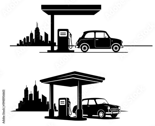 Retro car at gas station with city skyline vector silhouette set. Vintage automobile refueling black and white illustration