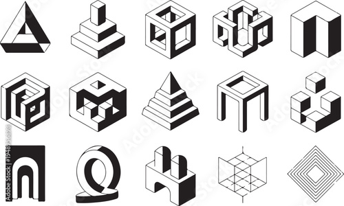 Collection of intricate impossible geometric shapes and optical illusion illustrations
