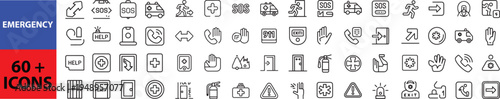 Emergency web icons in line style. Evacuation, SOS emergency call, ambulance, help, emergency hotline, exit, collection. Editable stroke. Outline icon in linear style