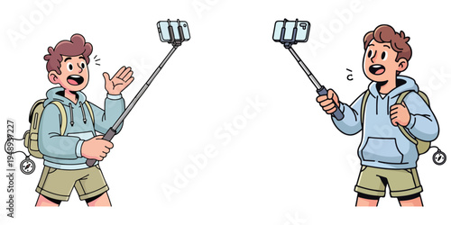 Two young explorers capturing memories with selfie sticks in a remote location