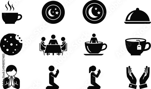 Ramadan icon set Islamic religion culture symbols food prayer silhouette collection morning tea coffee crescent moon cad drawing flat vector illustration isolated on white.